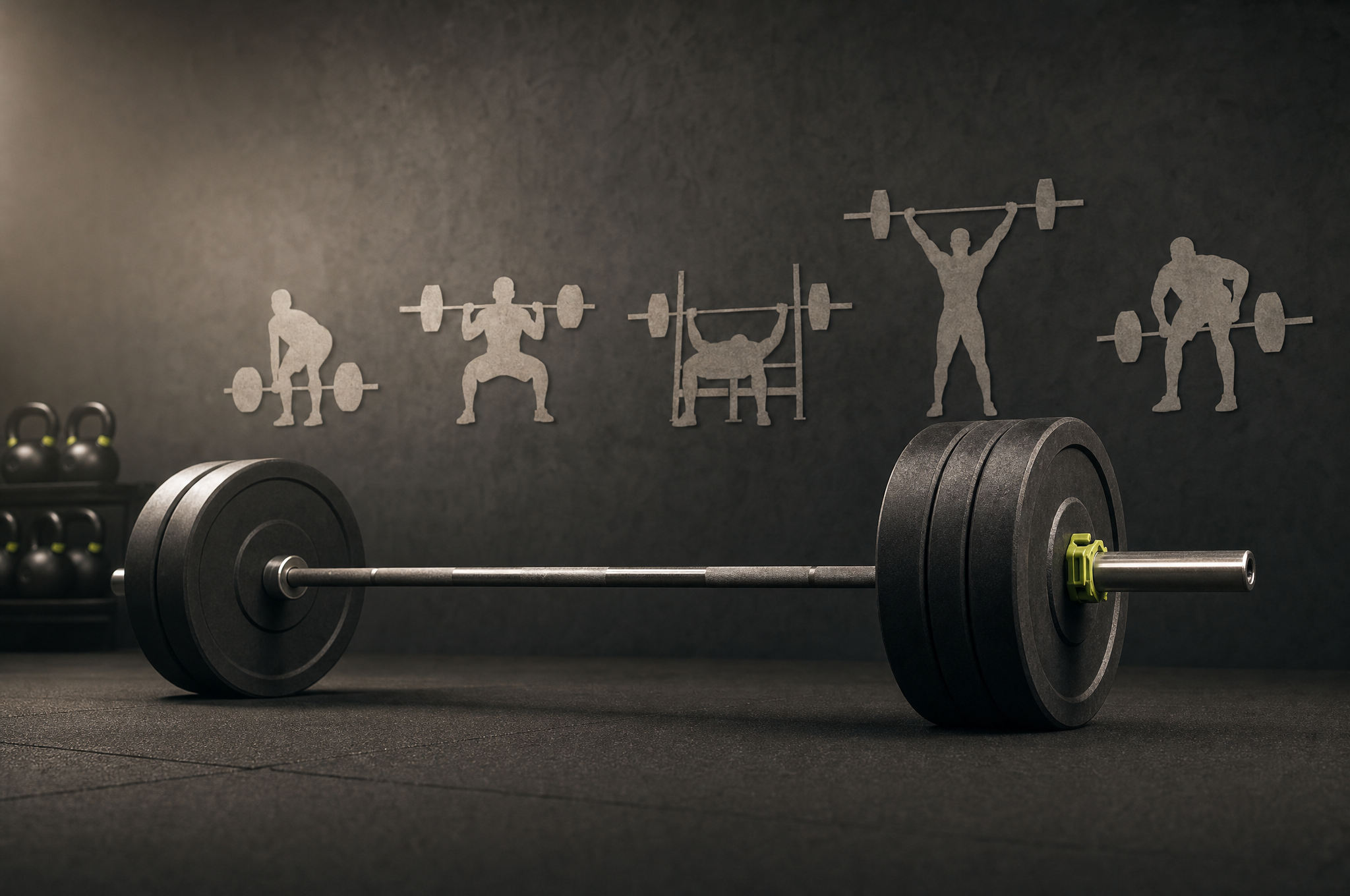 Barbell with weight plates on a gym floor