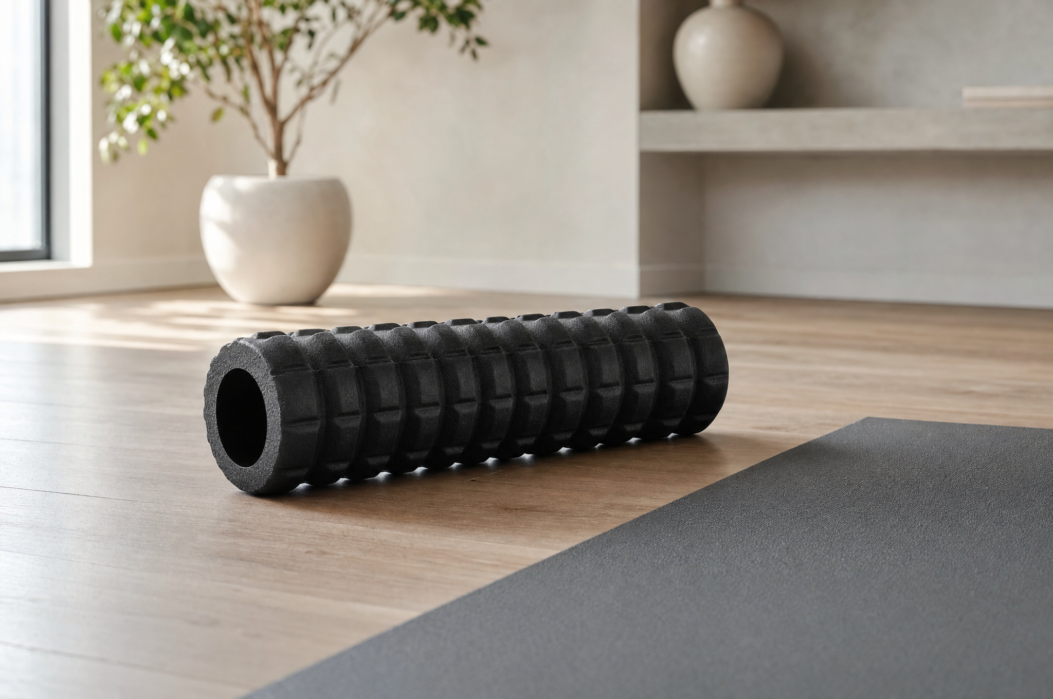 Foam roller on a wooden floor