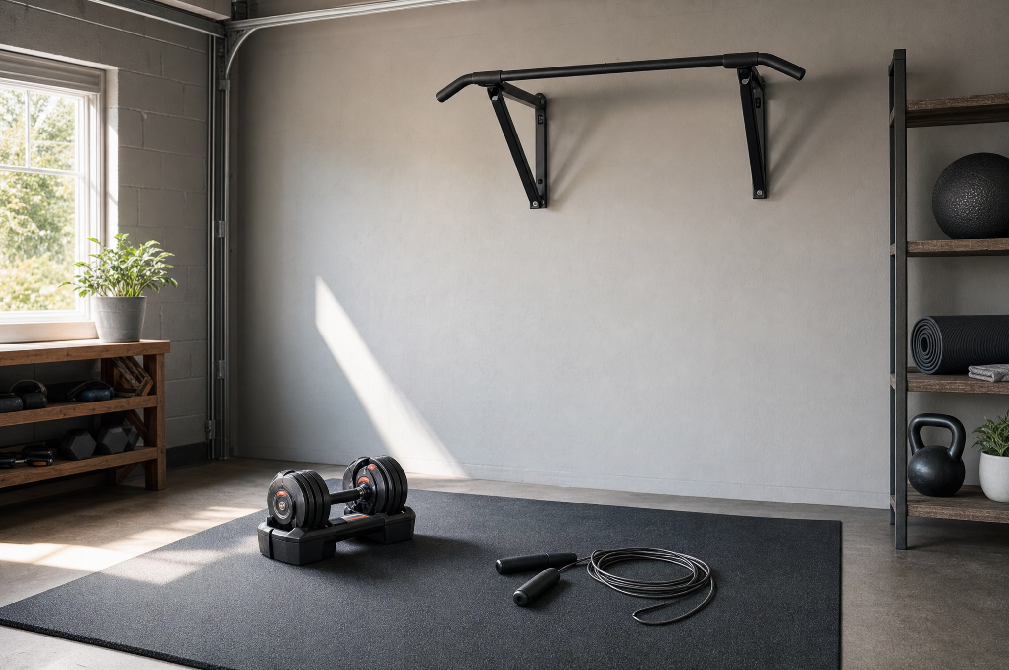Simple home gym with dumbbells and pull-up bar