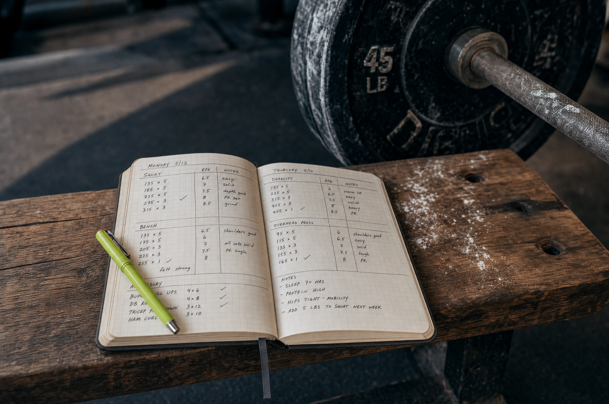 Training journal with workout entries