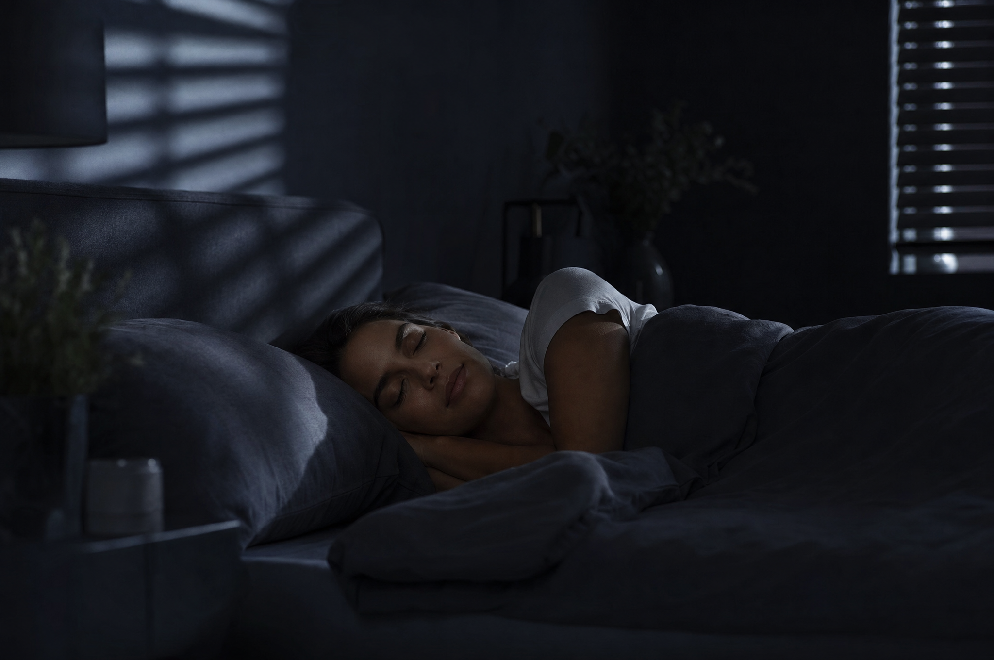 Person sleeping peacefully in a dark bedroom